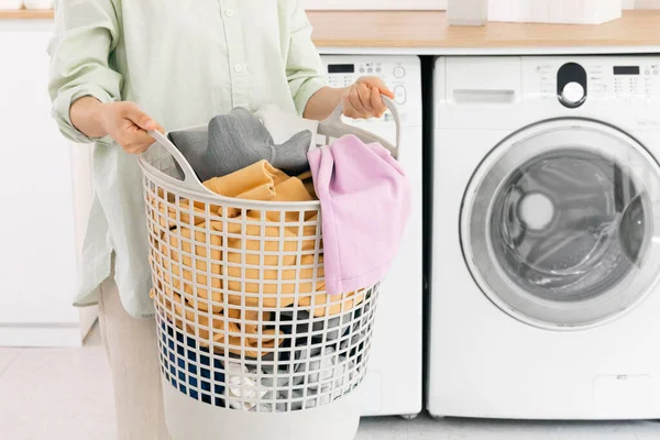 Aesthetic Laundry Concept Laundry Basket Filled Clothes — Stok fotoğraf