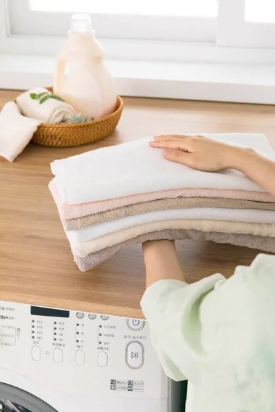 Aesthetic Laundry Concept Detergent Towels — Stock Photo, Image