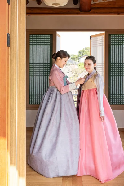 Korean Caucasian Girls Wearing Hanbok Korean Traditional Clothes — стокове фото
