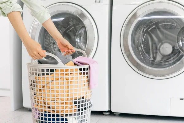 Aesthetic Laundry Concept Laundry Basket Filled Clothes — Stok fotoğraf