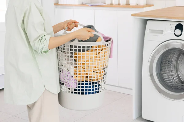 Aesthetic Laundry Concept Laundry Basket Filled Clothes — Stok fotoğraf