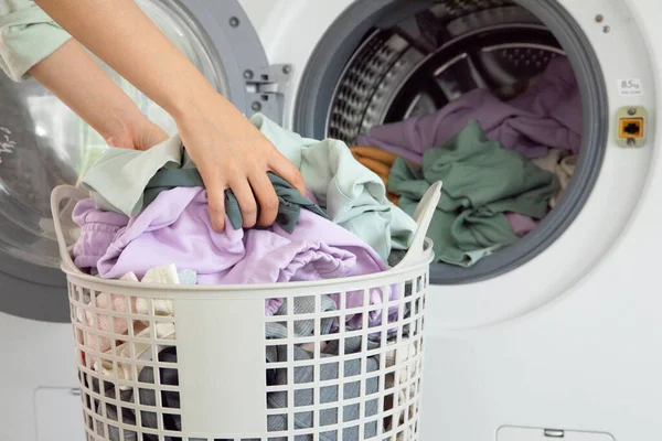 Aesthetic Laundry Concept Putting Laundry Washing Machine — Fotografia de Stock