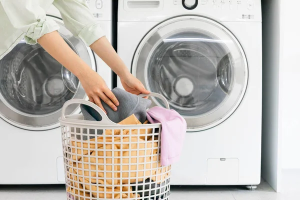 Aesthetic Laundry Concept Putting Laundry Washing Machine — Fotografia de Stock