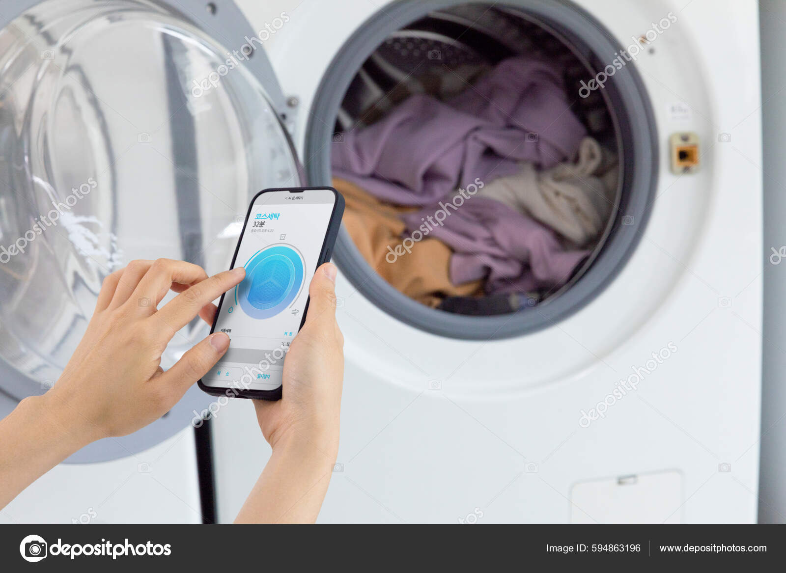 Aesthetic Laundry Concept Connecting Washing Machine App Mobile Phone