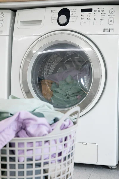 Aesthetic Laundry Concept Putting Laundry Washing Machine — 스톡 사진