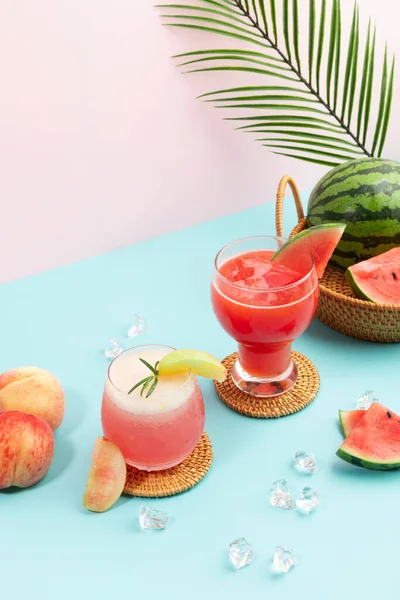 Summer drink background with peach and watermelon juice drink