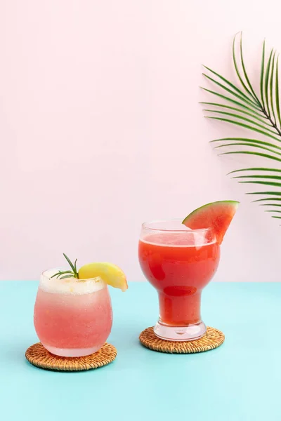 Summer drink background with peach and watermelon juice drink