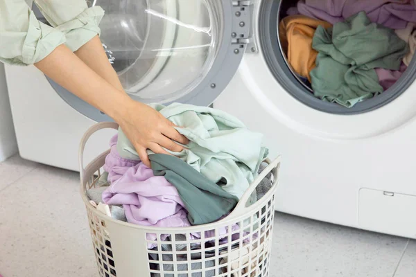 Aesthetic Laundry Concept Putting Laundry Washing Machine — Stok fotoğraf