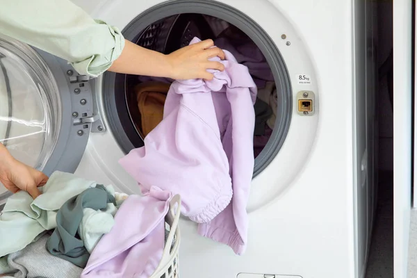 Aesthetic Laundry Concept Putting Laundry Washing Machine — Stock Fotó