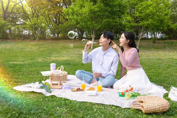 Asian Korean Couple Enjoying Spring Picnic_Taking Selfie — Zdjęcie stockowe