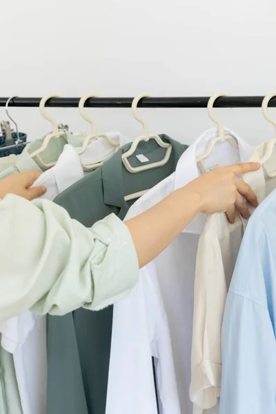 Aesthetic Laundry Concept Clothes Hung Hangers — Fotografia de Stock