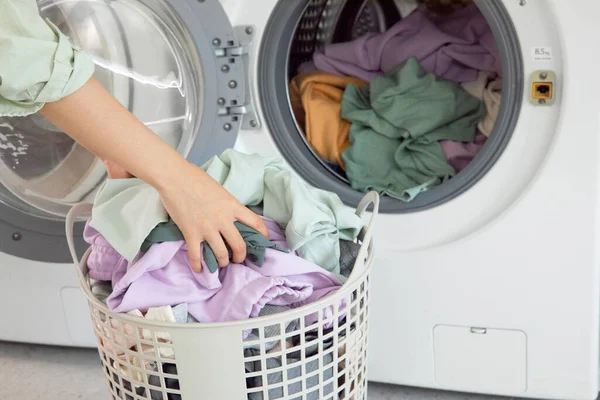Aesthetic Laundry Concept Putting Laundry Washing Machine — Stok fotoğraf