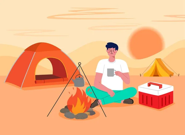 Healthy Pleasure Good Life Trend_Man Enjoying Camping Alone — Vector de stock