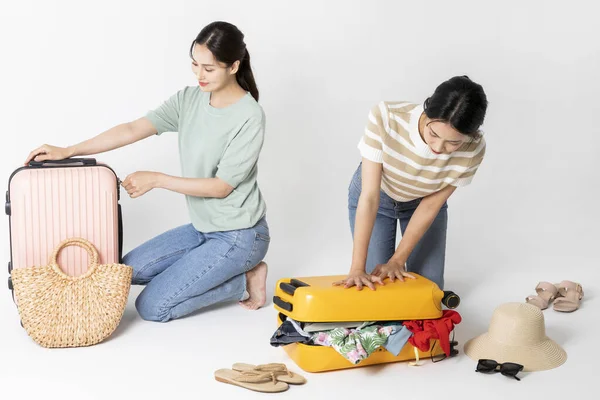 Preparing Summer Trip Korean Beautiful Young Women Packing Suitcase — Stock Photo, Image