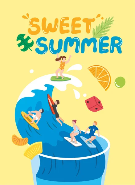 Cartoon Art Illustration Summer Day Ocean People Surfboards Surfing Man — Stock Vector