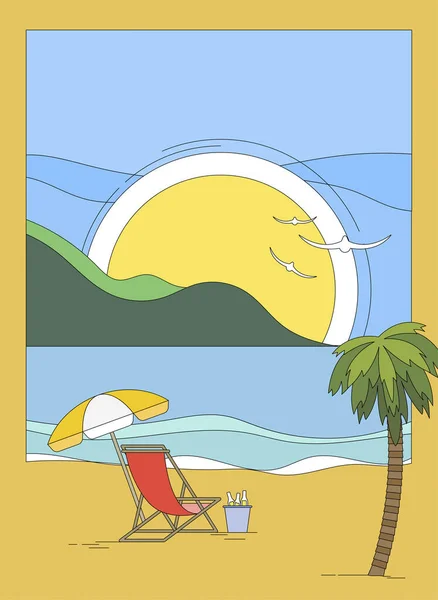 Тропический Остров Иллюстрация Летних Каникул Закат Солнца Горами — стоковый вектор