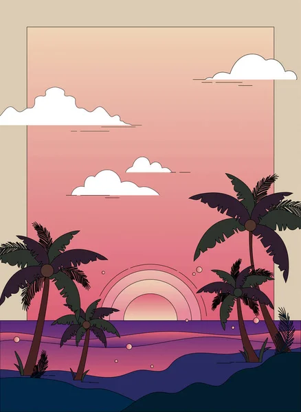 Tropický Ostrov Ilustrace Západu Slunce Oblohy Palem — Stockový vektor