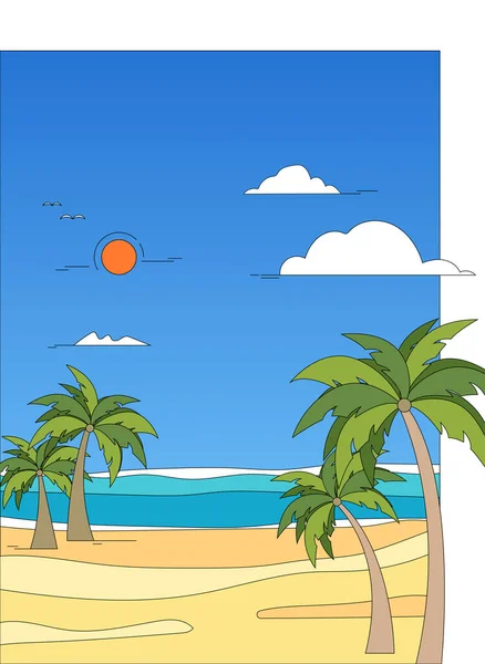 Тропический Остров Иллюстрация Летнего Пляжа Пальм Солнца Небе Облаками — стоковый вектор