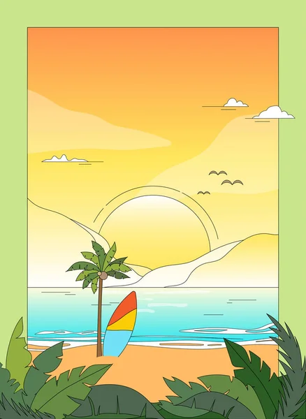 Tropische Insel Illustration Eines Sommertages Strand Mit Surfbrett Sonne Himmel — Stockvektor