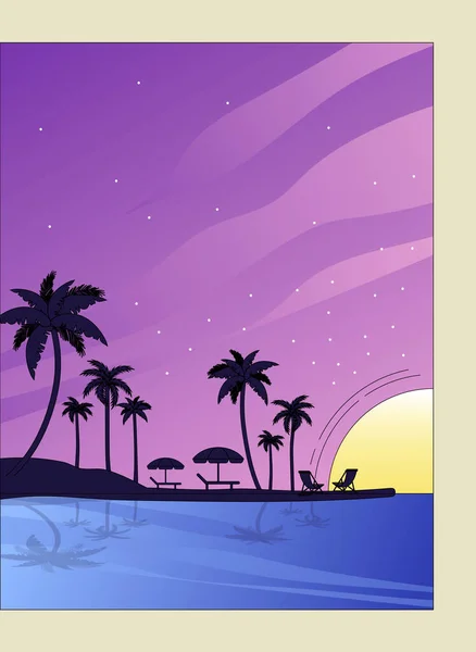 Тропический Остров Иллюстрация Фиолетового Ночного Неба Звездами Пальмами Океаном — стоковый вектор