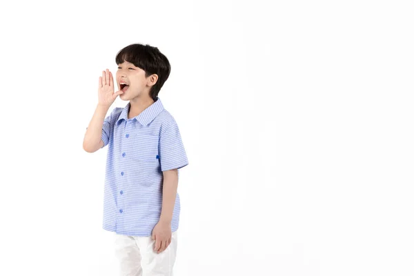 Menino Coreano Vestindo Verão Azul Meia Manga Camisa Fundo Branco — Fotografia de Stock