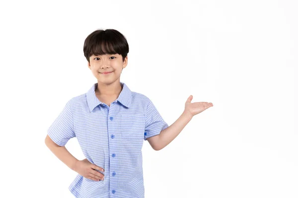 白い背景のスタジオで夏の青い半袖シャツを着た韓国の少年_ジェスチャー横に — ストック写真