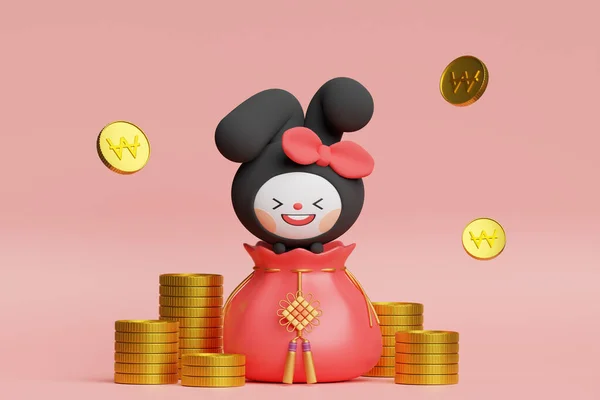 Año 2023 Themed Cute Gráfico Renderizado Personaje Conejo Con Bolsa —  Fotos de Stock