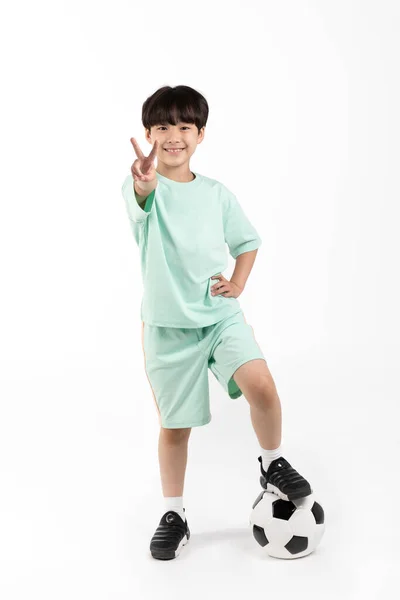 Korean Young Boy Wearing Gym Clothes White Background Studio__Soccer Ball — Stock Photo, Image