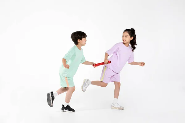Coreano Menino Menina Fitness Exercício Conceito Fundo Branco Mão Overing — Fotografia de Stock