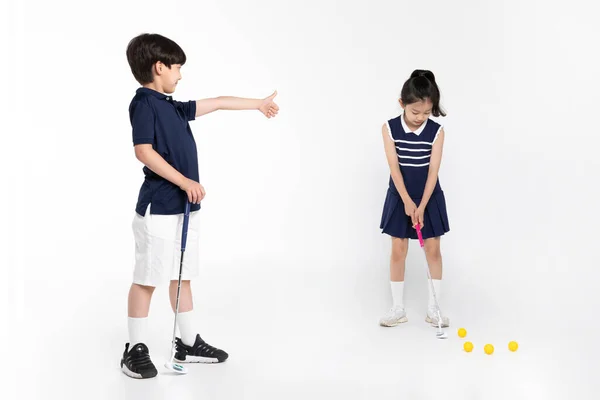 Koreański Chłopiec Dziewczyna Fitness Ćwiczenia Koncepcja Białym Tle Swinging Klub — Zdjęcie stockowe