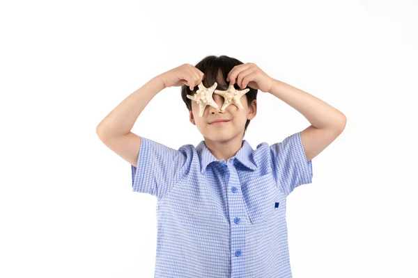 Korean Young Boy Wearing Summer Blue Half Sleeve Shirt White — Stock Photo, Image