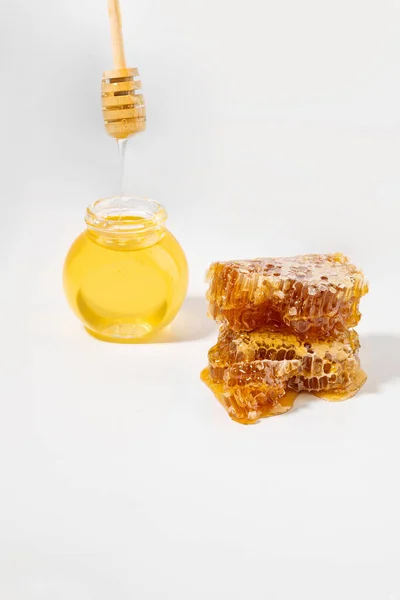 Κηρήθρα Εμφιαλωμένο Μέλι Μέλι Dipper Ραβδί — Φωτογραφία Αρχείου