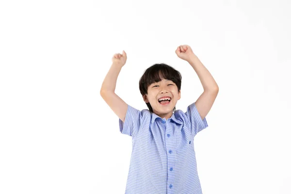 Koreaanse Jonge Jongen Dragen Zomer Blauwe Half Mouw Shirt Witte — Stockfoto