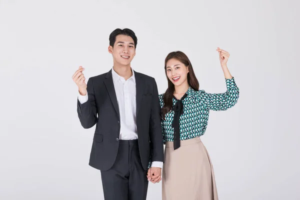 Korean Young Couple Man Woman Wearing Modern Hanbok Heart Shape — Stock Photo, Image