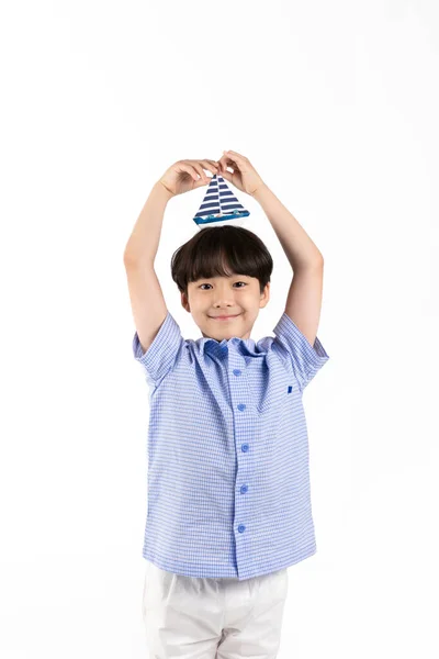 Korean Young Boy Wearing Summer Blue Half Sleeve Shirt White — Stock Photo, Image