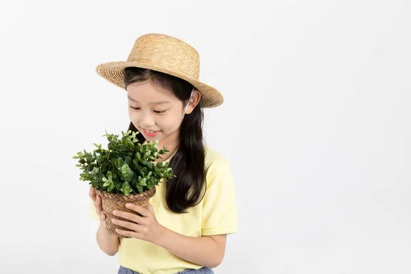 韩国小女孩穿着运动服在白色背景工作室 拿着一个花盆 — 图库照片