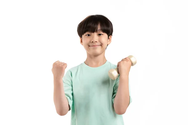 Menina Coreana Vestindo Roupas Ginástica Fundo Branco Studio Dumbbell — Fotografia de Stock