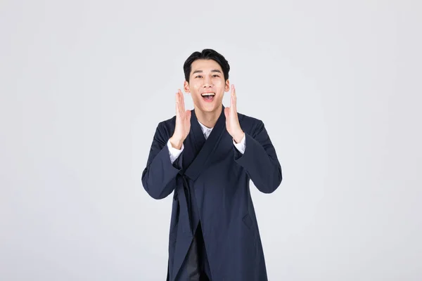 Bonito Coreano Jovem 20S Vestindo Moderno Hanbok Vestindo Hanbok Movimento — Fotografia de Stock