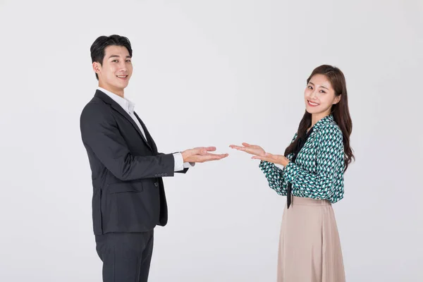Korean Young Couple Man Woman Wearing Modern Hanbok Introducing — Stock Photo, Image