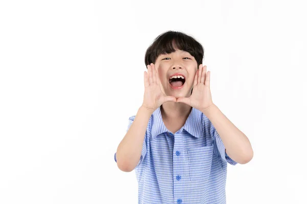Корейський Хлопчик Одягнений Літню Блакитну Сорочку Напіврукавом Білій Студії Hooray — стокове фото