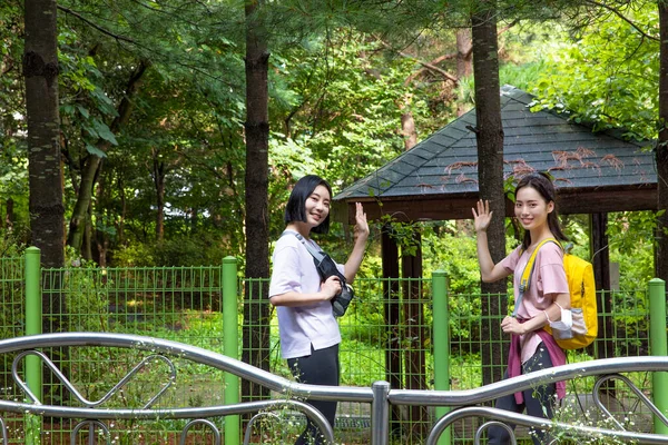 Two Korean Asian Female Friends 20S Hiking Plogging Mountain Greeting — Stock Photo, Image
