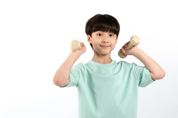 Korean Young Girl Wearing Gym Clothes White Background Studio__Dumbbell — Stock Photo, Image
