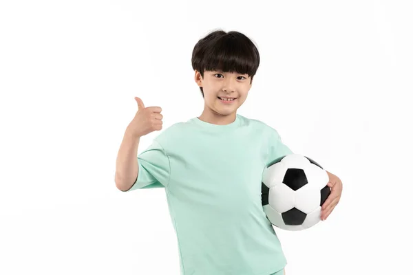 Jovem Coreana Vestindo Roupas Ginástica Fundo Branco Studio Soccer Ball — Fotografia de Stock