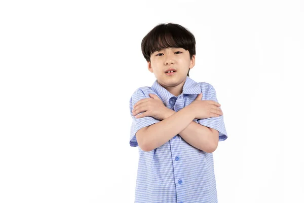 Menino Coreano Vestindo Verão Camisa Meia Manga Azul Fundo Branco — Fotografia de Stock