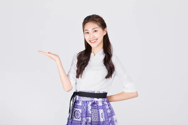 20多岁的漂亮韩国女人穿着现代汉博克指南 — 图库照片