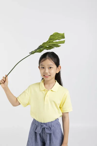 Koreai Fiatal Lány Visel Tornaterem Fehér Háttér Stúdió Gazdaság Trópusi — Stock Fotó