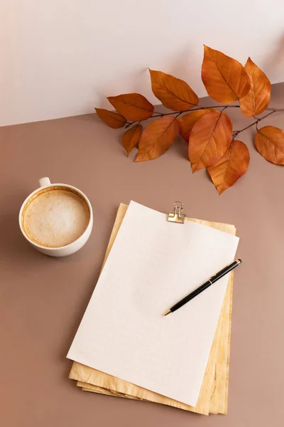autumn aesthetics mood background with paper frame, coffee