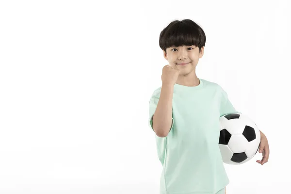 Coreano Joven Usando Ropa Gimnasio Fondo Blanco Studio Soccer Ball — Foto de Stock