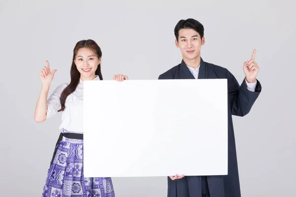 Pareja Coreana Hombre Mujer Jóvenes Años Con Hanbok Moderno Con — Foto de Stock