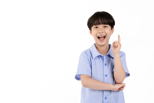 Menino Coreano Vestindo Verão Azul Meia Manga Camisa Fundo Branco — Fotografia de Stock